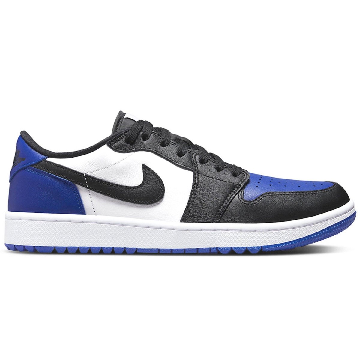 Air Jordan 1 Retro Low Golf Royal Toe sneakers featuring blue, black, and white color scheme, ideal for golfing or casual wear.