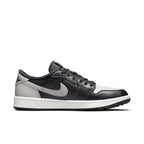 Nike Jordan 1 Retro Low Golf Shadow in black and grey leather, designed for comfort and stability on the golf course.