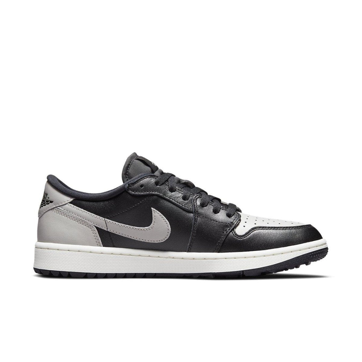 Nike Jordan 1 Retro Low Golf Shadow in black and grey leather, designed for comfort and stability on the golf course.