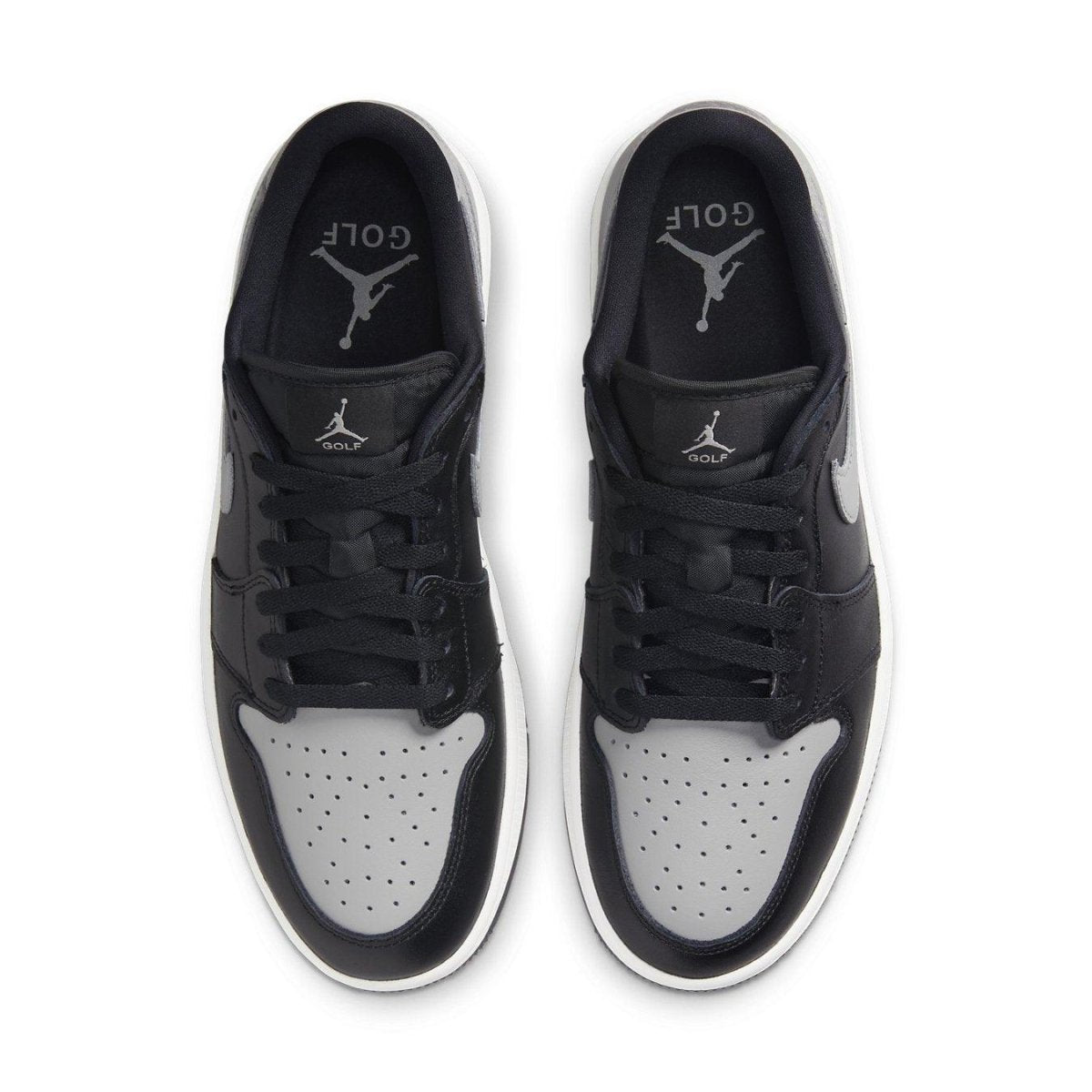 Jordan 1 Retro Low Golf Shadow sneakers with smooth leather and breathable perforations for comfort and style.