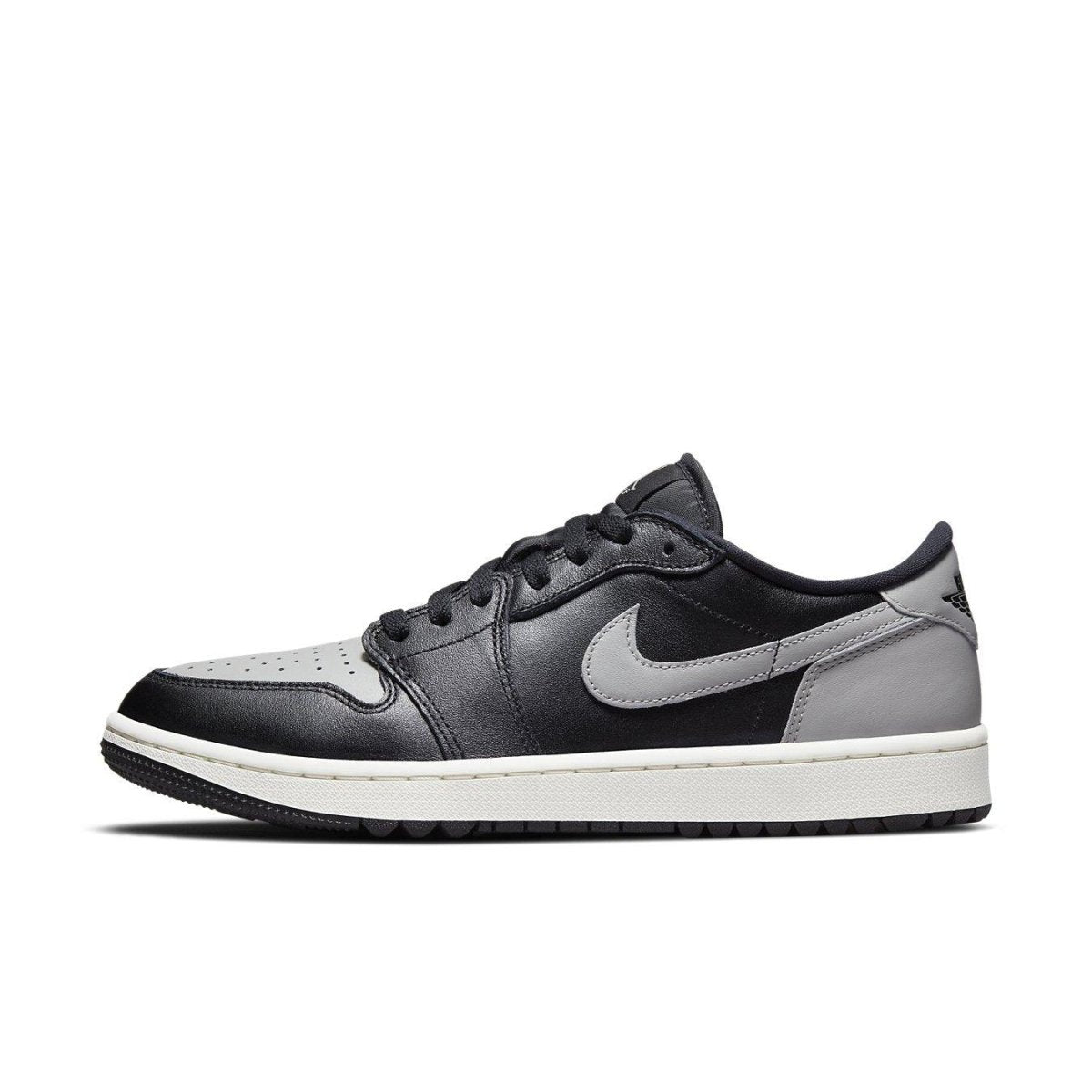 Jordan 1 Retro Low Golf Shadow sneaker in black and gray leather with breathable perforations for comfort.