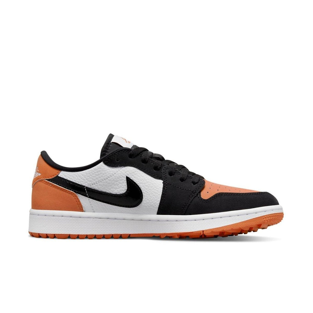 Nike Jordan 1 Retro Low Golf Shattered Backboard sneakers in black, white, and orange.