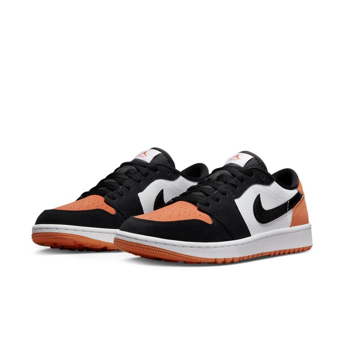 Jordan 1 Retro Low Golf Shattered Backboard sneakers in black, white, and orange colorway.