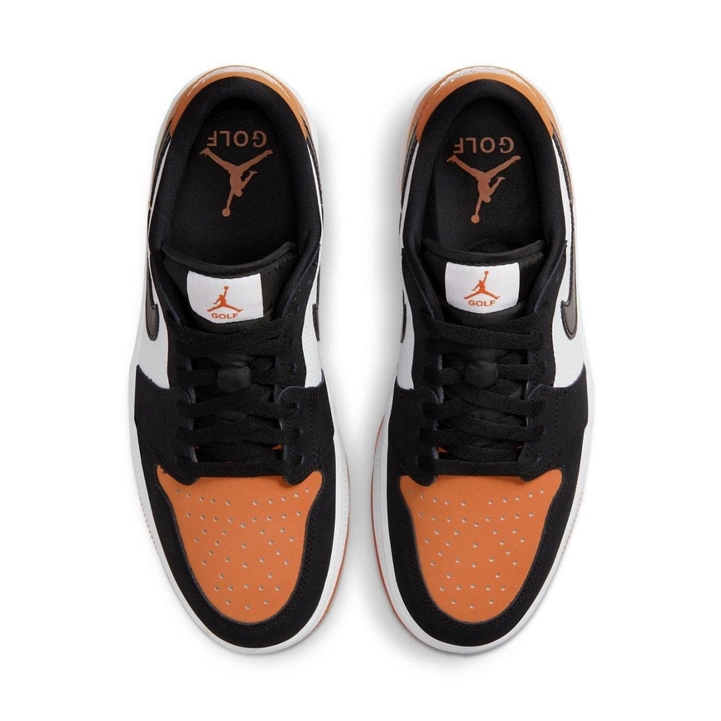 Jordan 1 Retro Low Golf Shattered Backboard featuring black, orange, and white design from above.