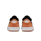 Jordan 1 Retro Low Golf Shattered Backboard sneaker rear view showcasing orange and black suede design.
