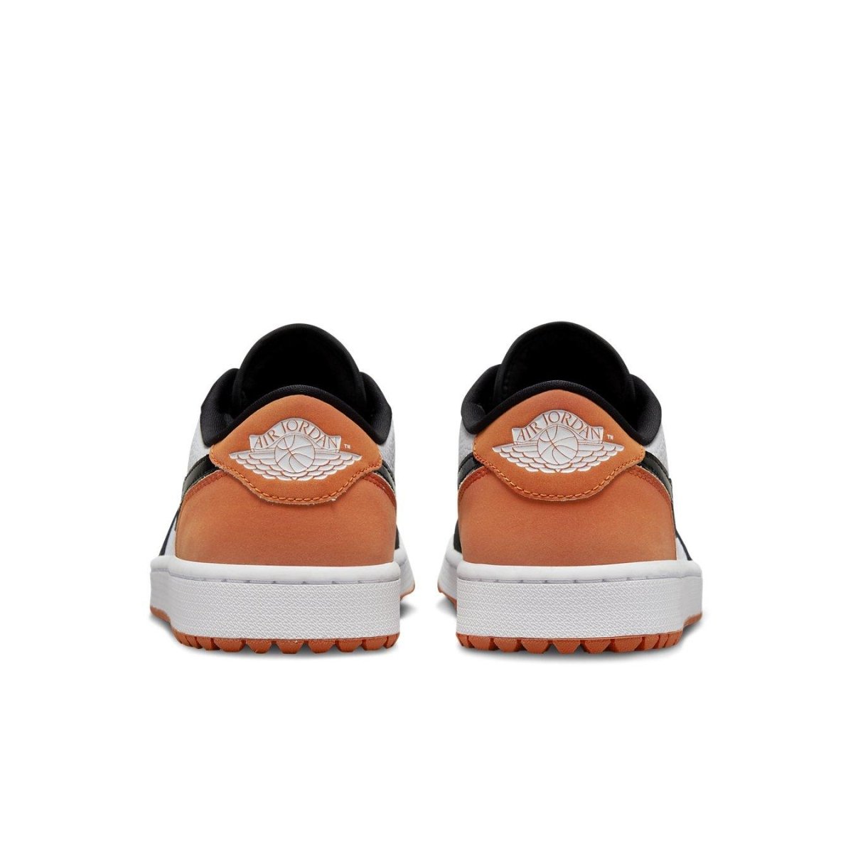 Jordan 1 Retro Low Golf Shattered Backboard sneaker rear view showcasing orange and black suede design.
