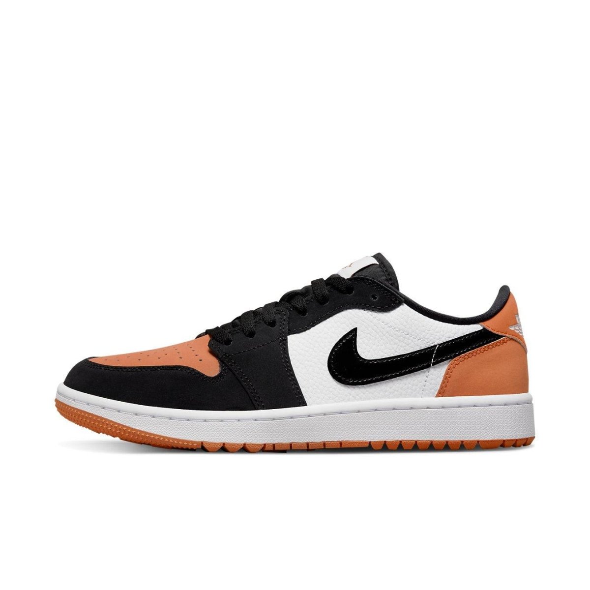 Jordan 1 Retro Low Golf Shattered Backboard in black, orange, and white with a classic design and stylish details.
