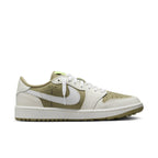 Jordan 1 Retro Low Golf Travis Scott Neutral Olive side view featuring olive nubuck and white leather.