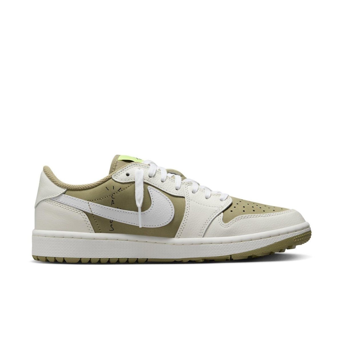 Jordan 1 Retro Low Golf Travis Scott Neutral Olive side view featuring olive nubuck and white leather.