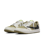 Air Jordan 1 Retro Low Golf Travis Scott Neutral Olive shoes with a black Swoosh and olive nubuck upper.
