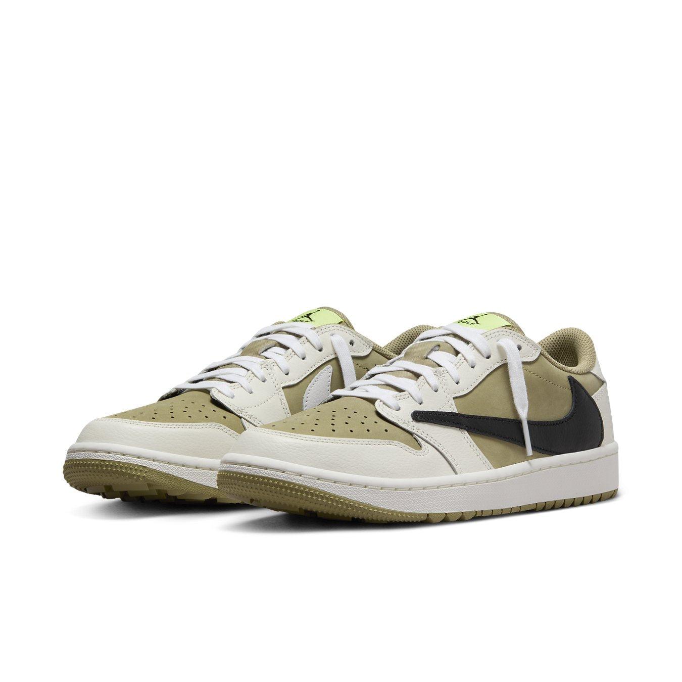 Air Jordan 1 Retro Low Golf Travis Scott Neutral Olive shoes with a black Swoosh and olive nubuck upper.