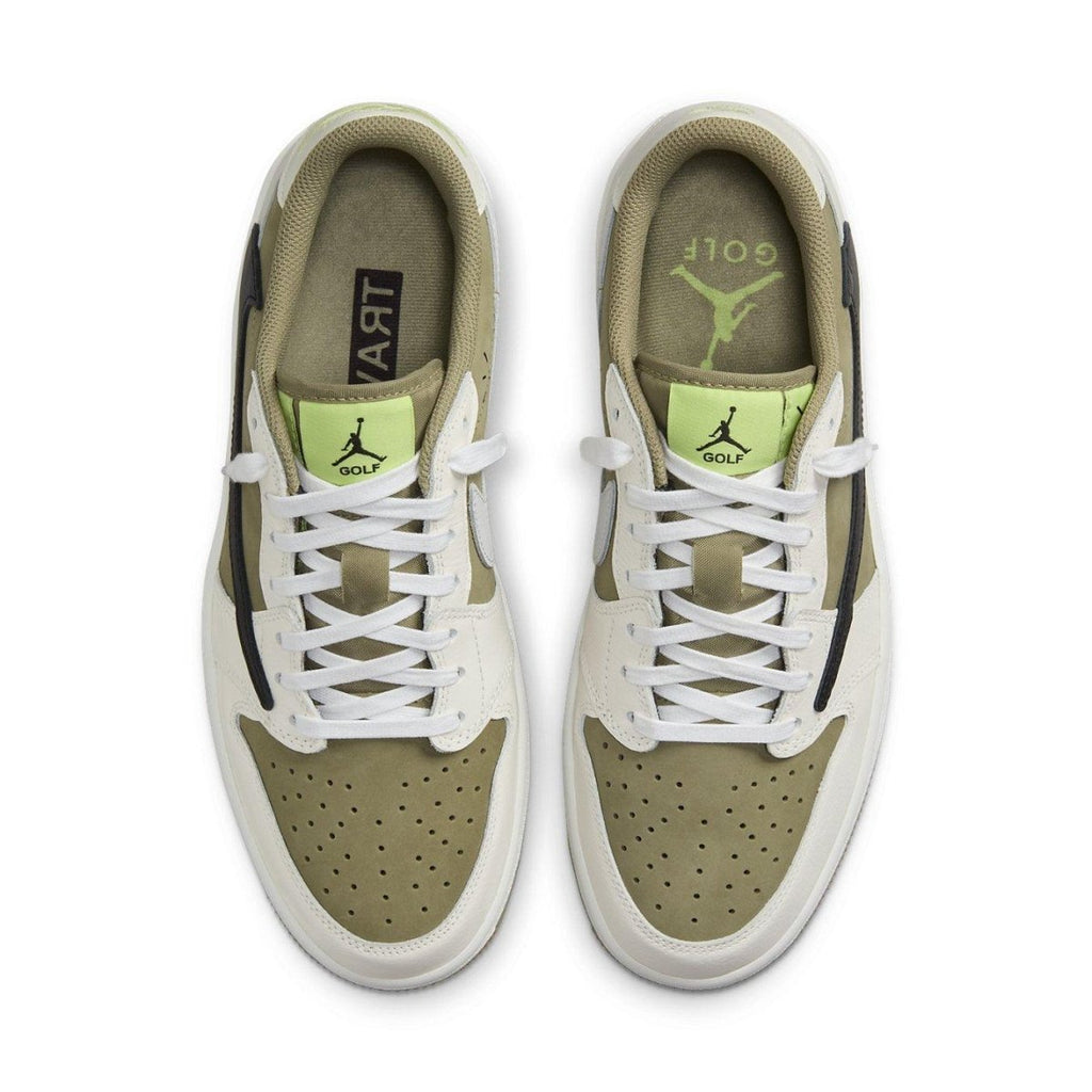 Jordan 1 Retro Low Golf Travis Scott Neutral Olive sneakers showing olive nubuck and black Swoosh design.