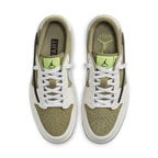 Jordan 1 Retro Low Golf Travis Scott Neutral Olive sneakers showing olive nubuck and black Swoosh design.
