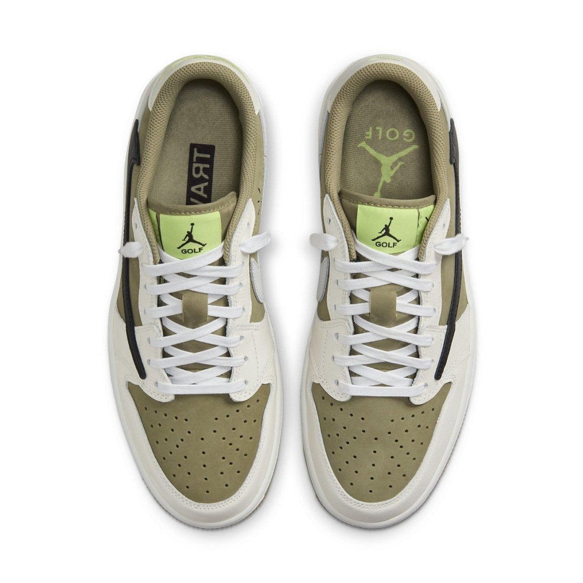 Jordan 1 Retro Low Golf Travis Scott Neutral Olive sneakers showing olive nubuck and black Swoosh design.