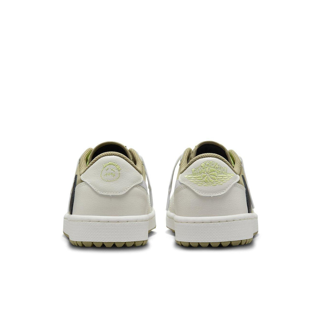 Back view of Jordan 1 Retro Low Golf Travis Scott Neutral Olive showcasing olive and white colorway and logo details.