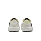 Back view of Jordan 1 Retro Low Golf Travis Scott Neutral Olive showcasing olive and white colorway and logo details.