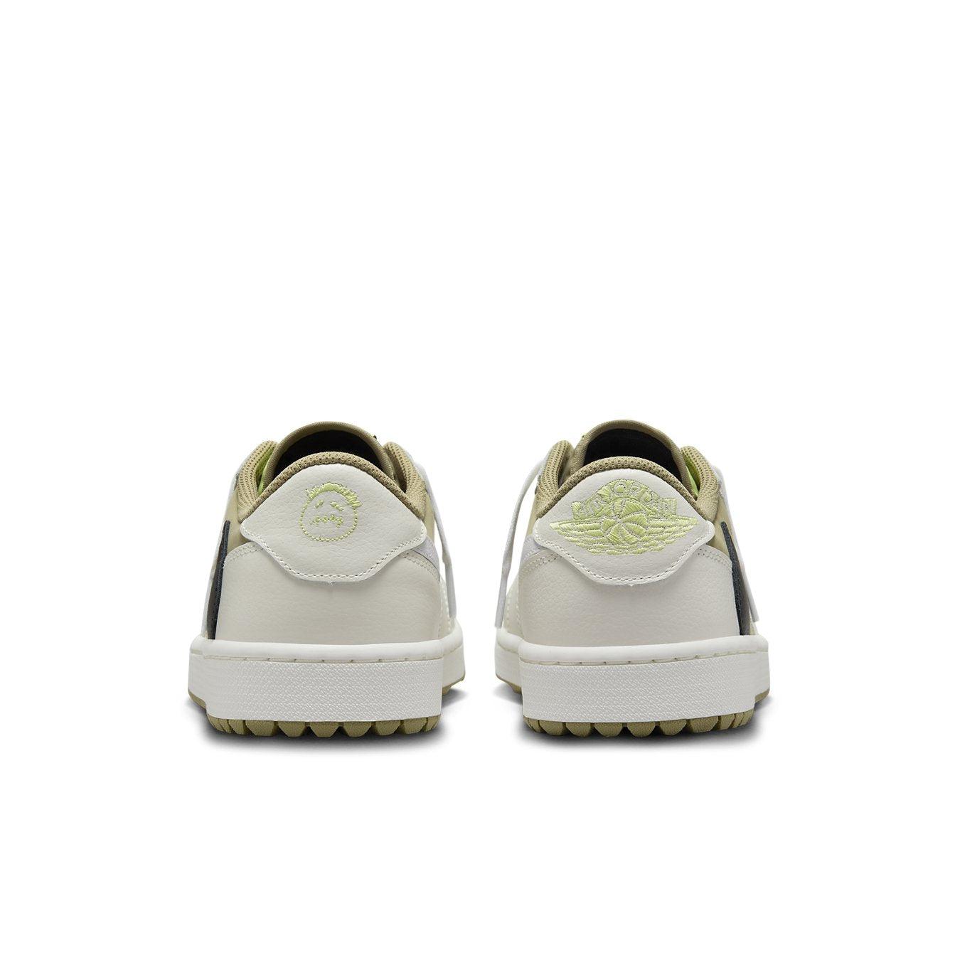 Back view of Jordan 1 Retro Low Golf Travis Scott Neutral Olive showcasing olive and white colorway and logo details.