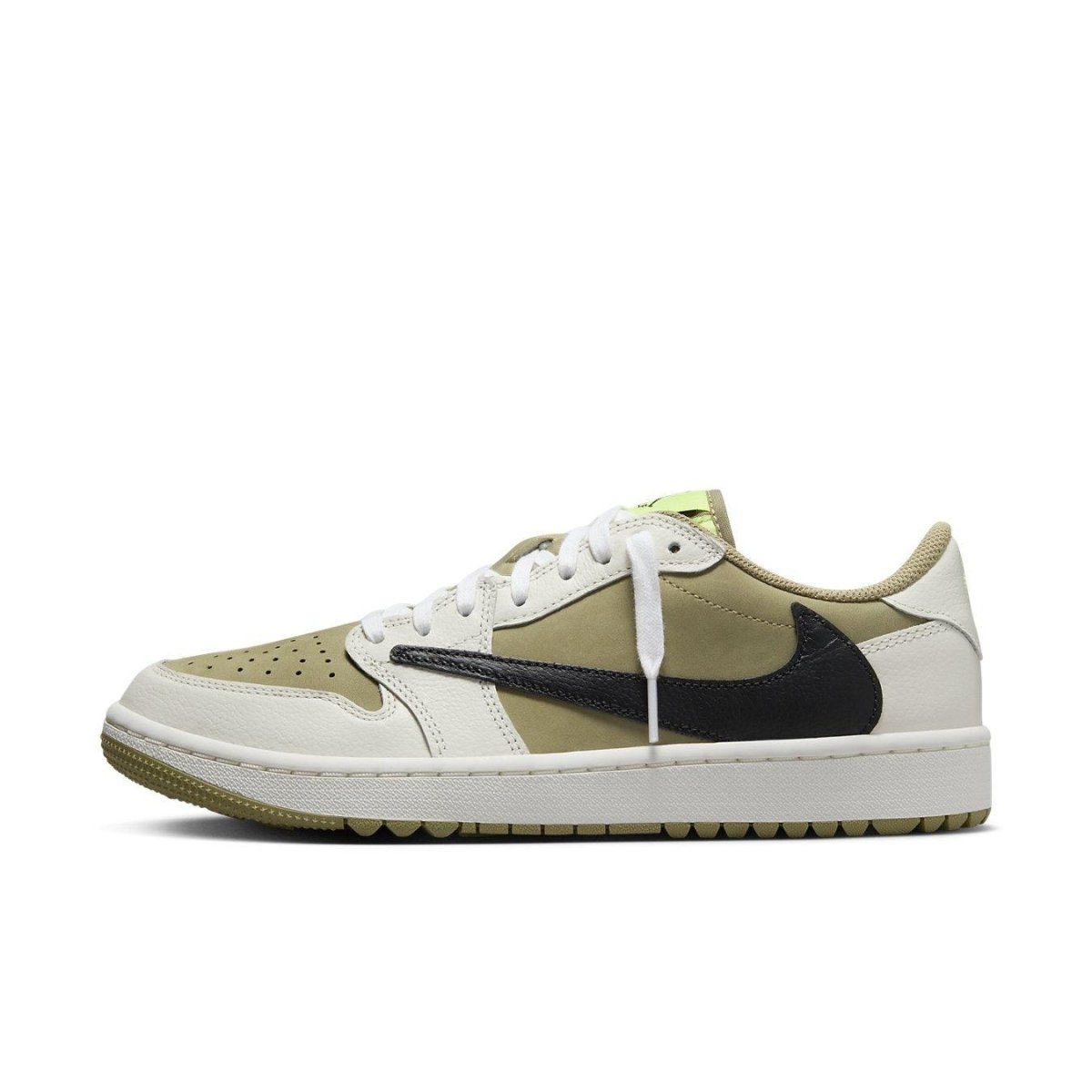 Jordan 1 Retro Low Golf Travis Scott Neutral Olive side view, featuring black Swoosh and olive nubuck upper.