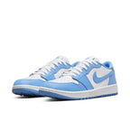 Jordan 1 Retro Low Golf UNC in white and University Blue, featuring leather upper and iconic Jumpman branding.