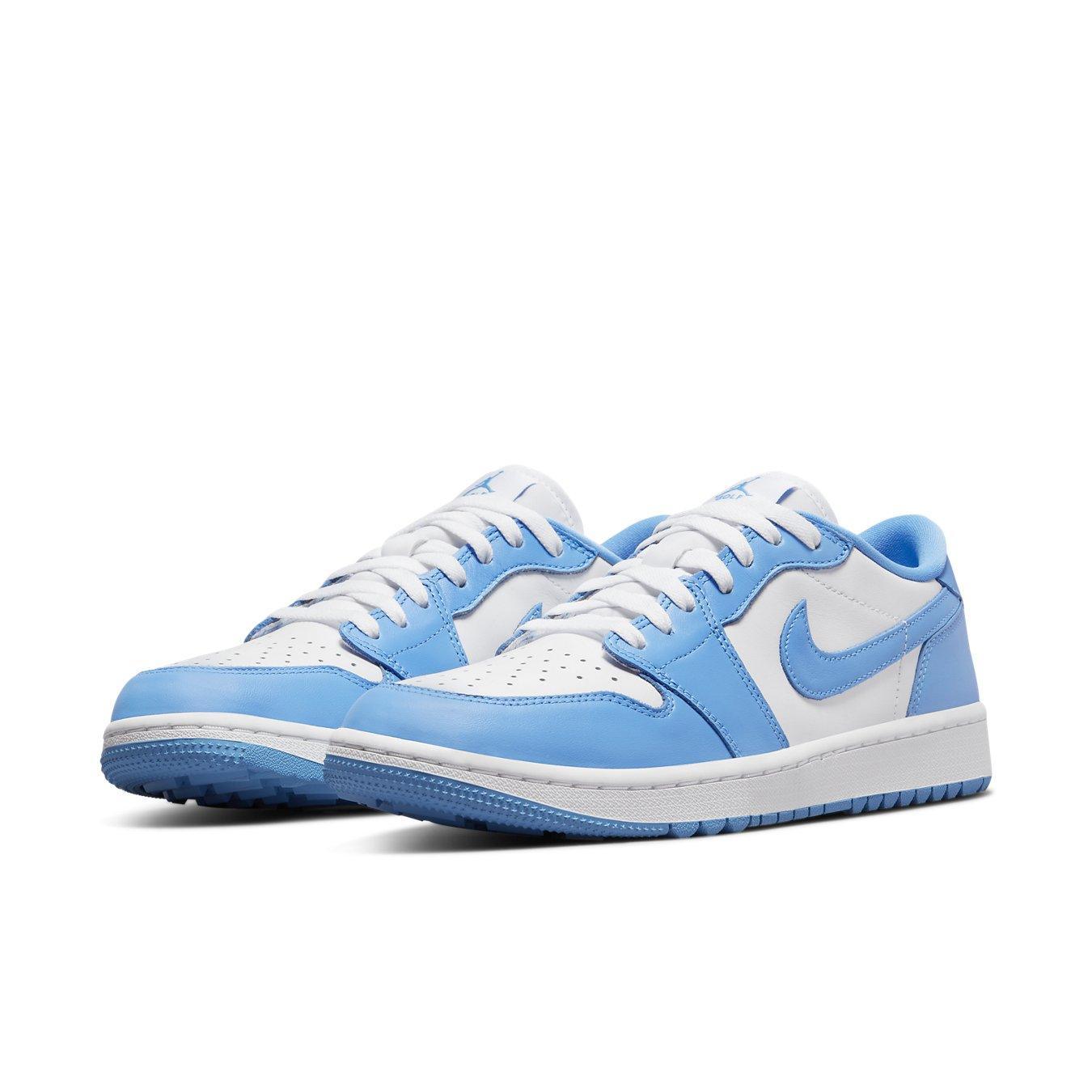 Jordan 1 Retro Low Golf UNC in white and University Blue, featuring leather upper and iconic Jumpman branding.