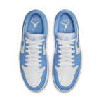 Jordan 1 Retro Low Golf UNC in University Blue and white, featuring Jumpman logo and 'GOLF' branding.