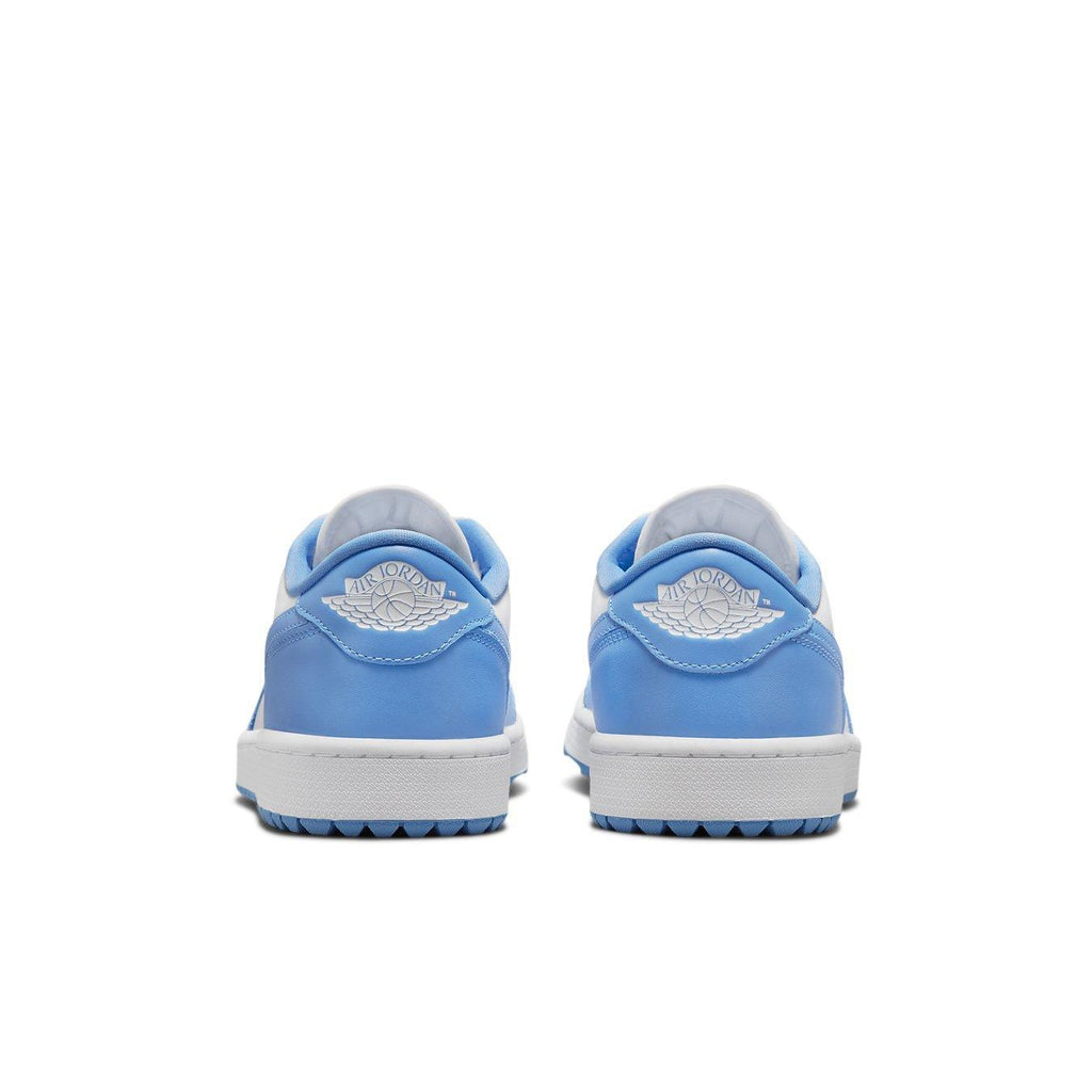 Retro Air Jordan 1 Low Golf 'UNC' sneakers showing rear view with University Blue and white details.