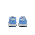 Retro Air Jordan 1 Low Golf 'UNC' sneakers showing rear view with University Blue and white details.