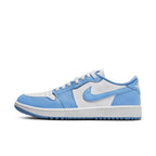 Jordan 1 Retro Low Golf UNC, white and University Blue leather golf shoe with Jumpman logo.