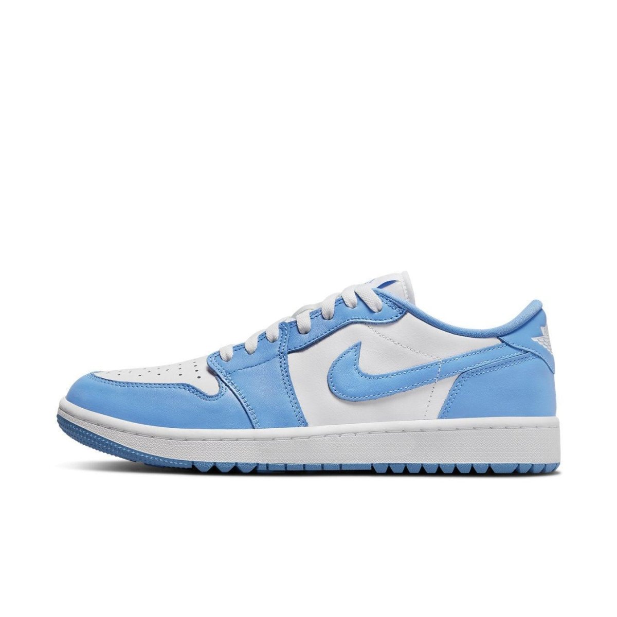 Jordan 1 Retro Low Golf UNC, white and University Blue leather golf shoe with Jumpman logo.