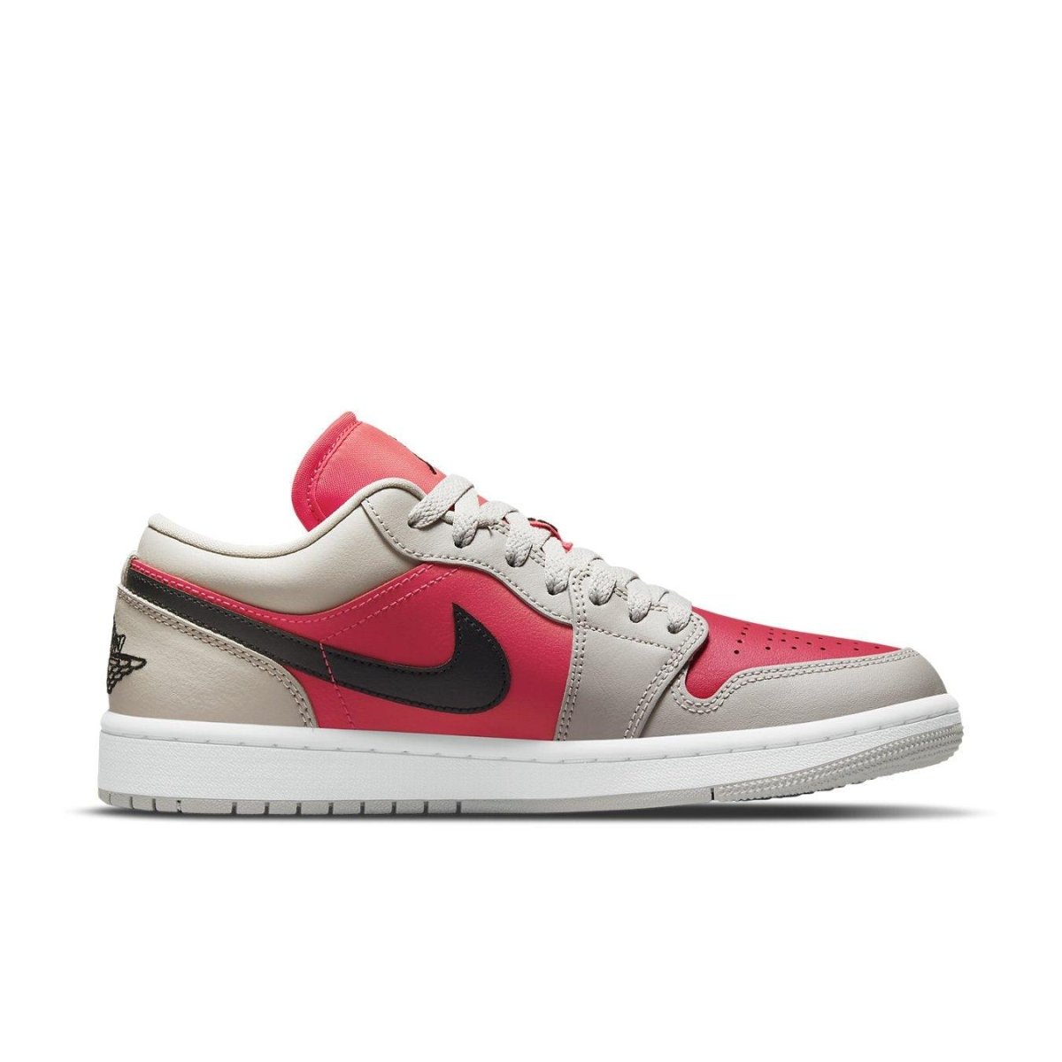 Jordan 1 Retro Low Light Iron Ore Siren Red women's sneaker in red, gray, and black.