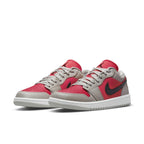 Air Jordan 1 Retro Low Light Iron Ore Siren Red women's sneakers in red and grey with black accents.