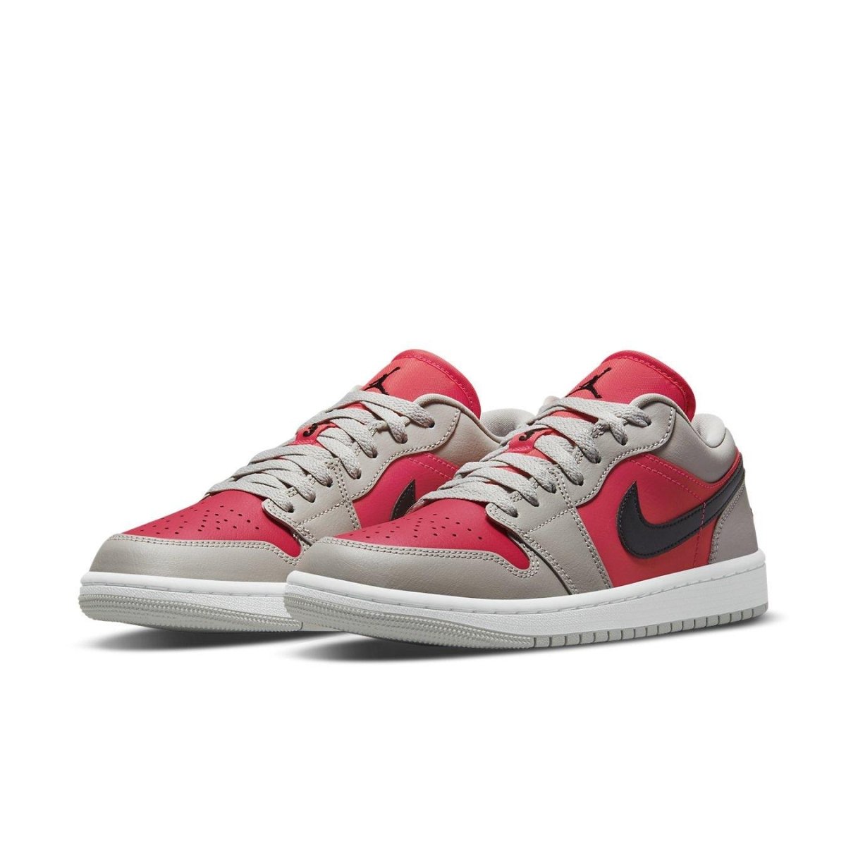 Air Jordan 1 Retro Low Light Iron Ore Siren Red women's sneakers in red and grey with black accents.