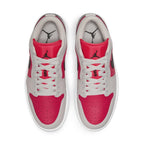Air Jordan 1 Retro Low Light Iron Ore Siren Red sneakers with red and gray leather upper and black Swoosh.