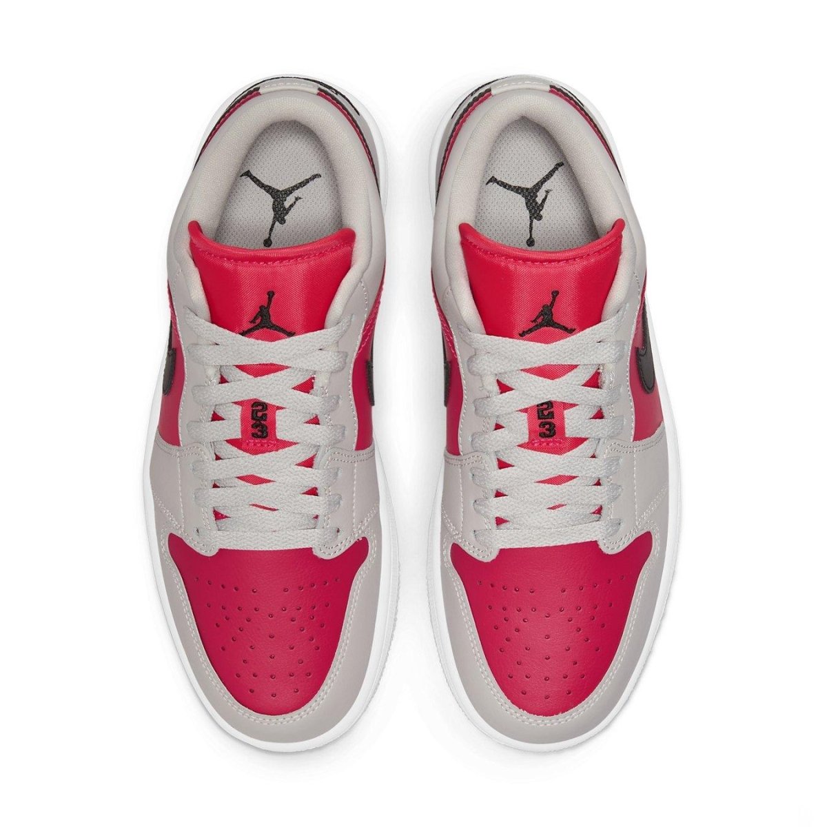 Air Jordan 1 Retro Low Light Iron Ore Siren Red sneakers with red and gray leather upper and black Swoosh.