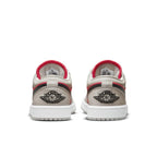 Rear view of Jordan 1 Retro Low Light Iron Ore Siren Red women's sneakers with black Wings logo and red accents.