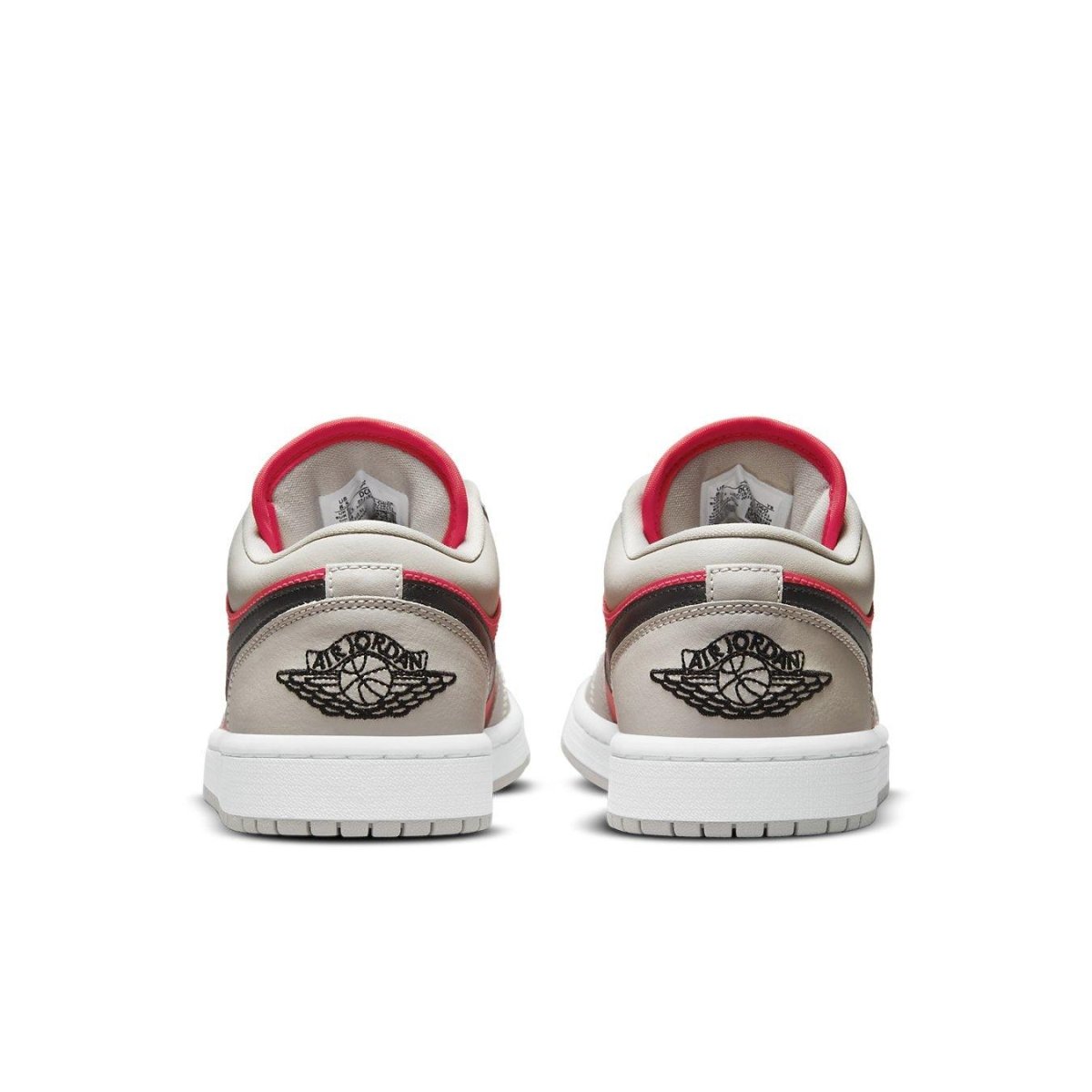 Rear view of Jordan 1 Retro Low Light Iron Ore Siren Red women's sneakers with black Wings logo and red accents.