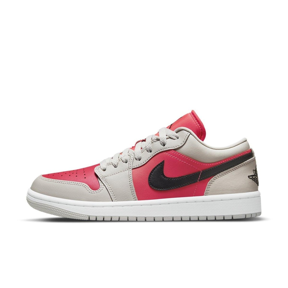 Nike Air Jordan 1 Retro Low Light Iron Ore Siren Red women's sneakers with contrasting red and gray design.