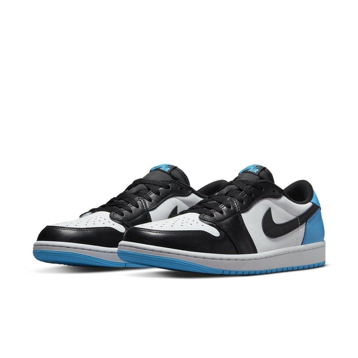 Jordan 1 Retro Low OG Black Dark Powder Blue sneakers featuring white leather and vibrant blue accents.