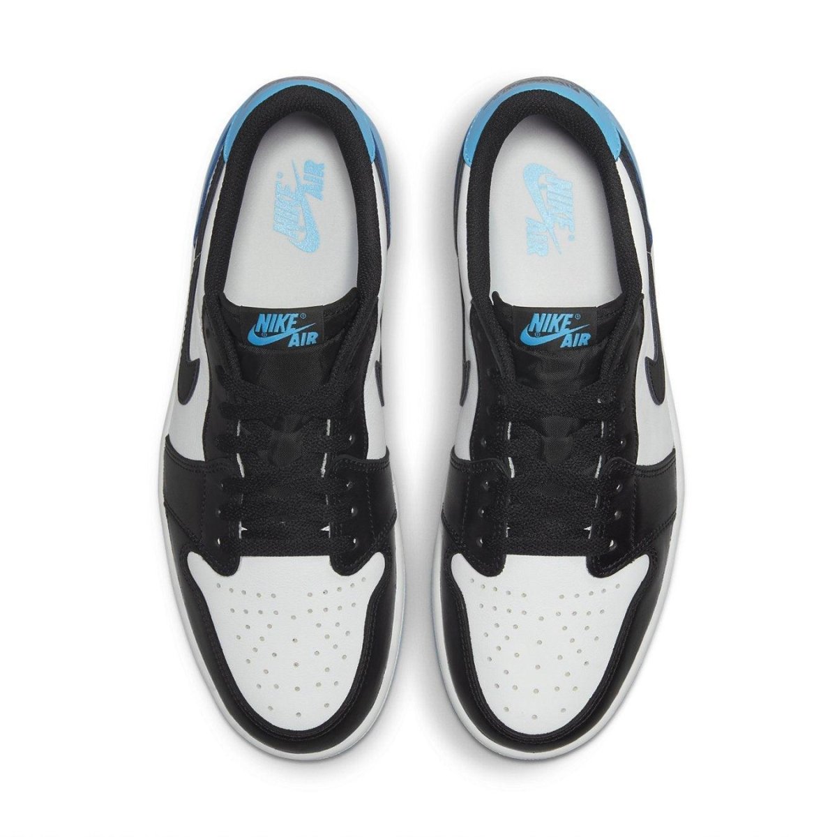 Top view of Jordan 1 Retro Low OG Black Dark Powder Blue sneakers featuring black and white leather design with blue accents.