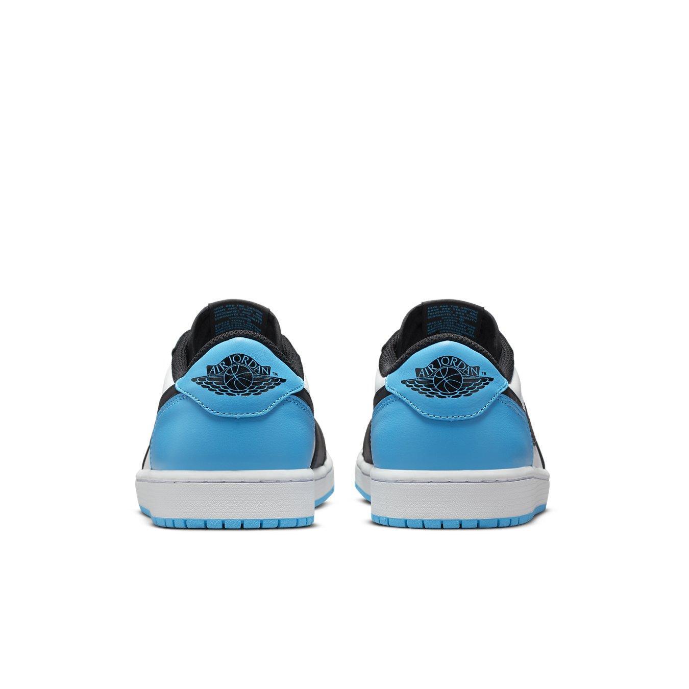 Air Jordan 1 Retro Low OG Black Dark Powder Blue sneakers, featuring a vibrant blue sole and black leather elements.