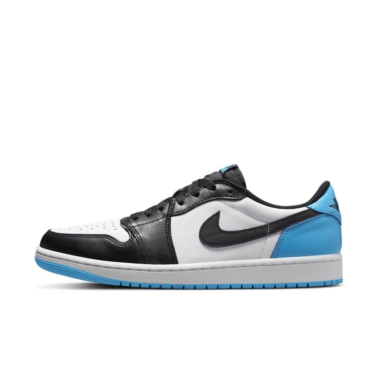 Air Jordan 1 Retro Low OG in black, white, and University Blue, featuring a sleek design and vibrant sole.