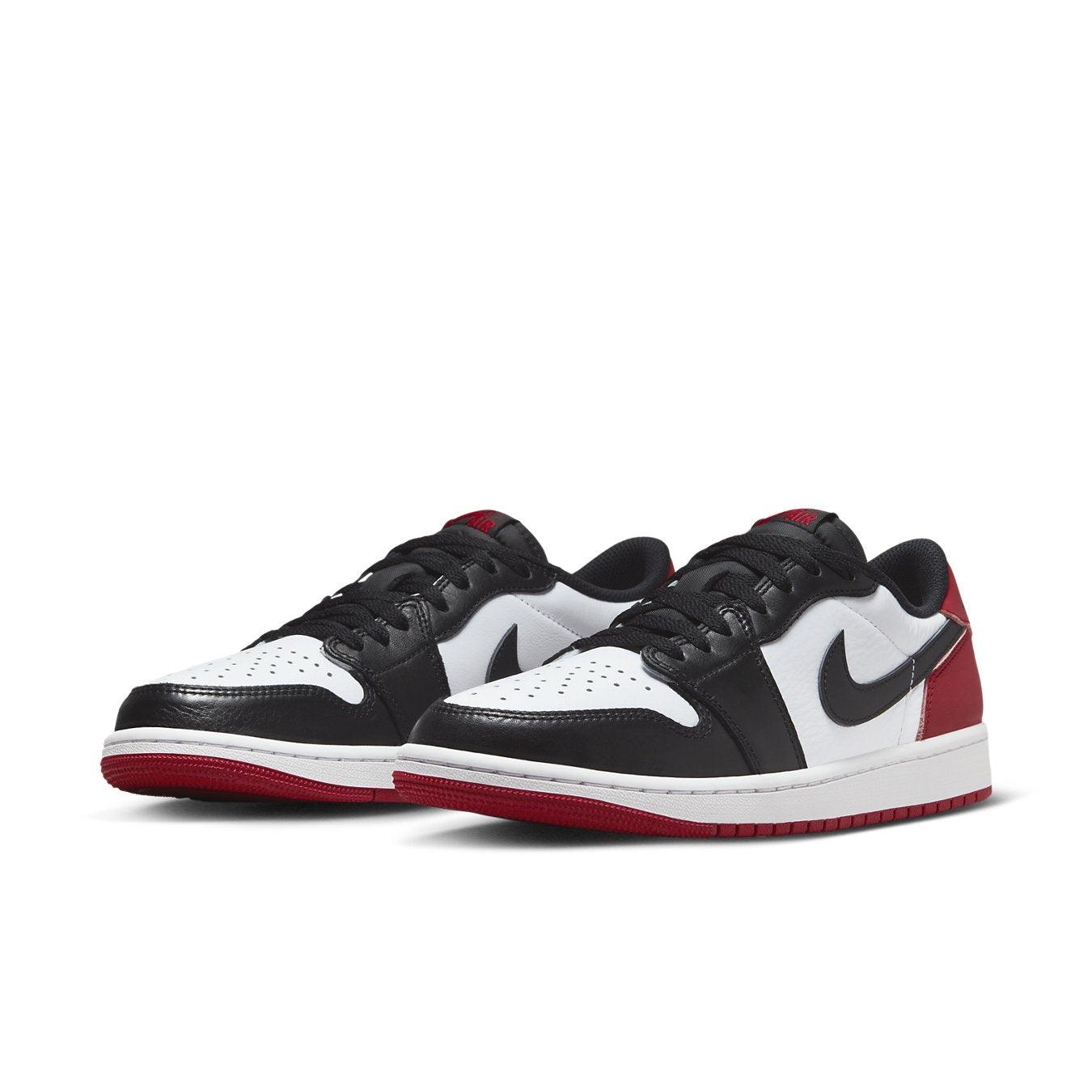 Air Jordan 1 Retro Low OG Black Toe 2023 in black, white, and red colorway.