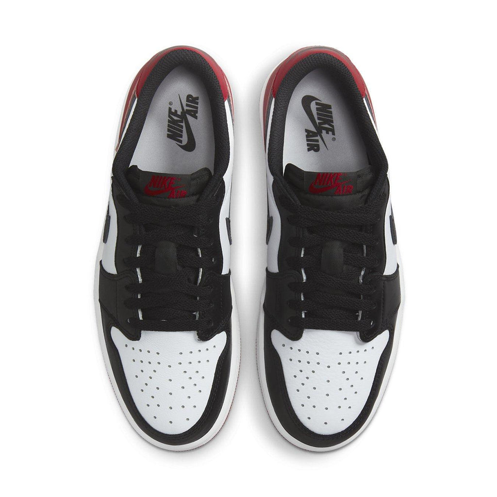 Top view of the Jordan 1 Retro Low OG Black Toe 2023 with white, black, and red details.