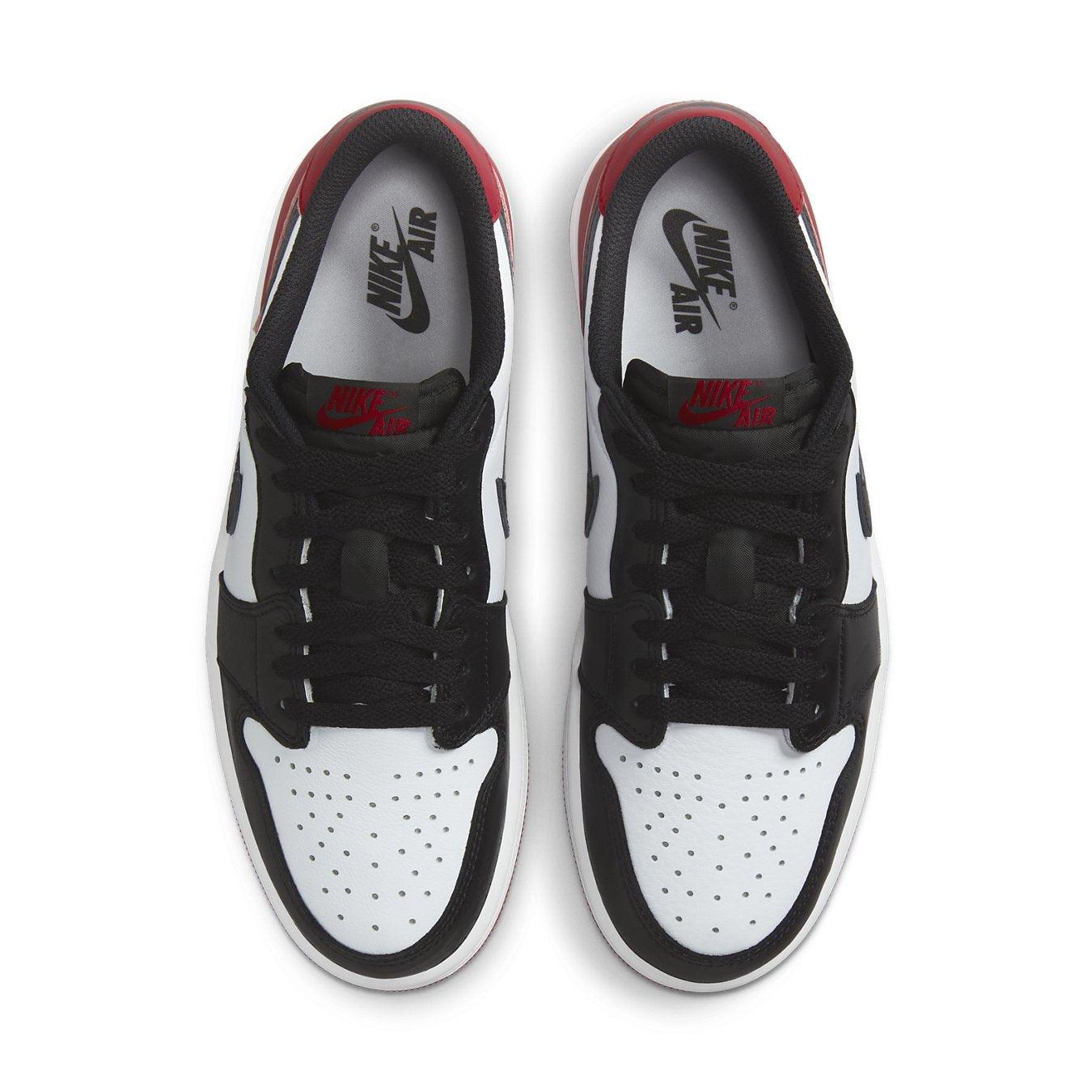Top view of the Jordan 1 Retro Low OG Black Toe 2023 with white, black, and red details.