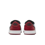 Rear view of Jordan 1 Retro Low OG Black Toe 2023 sneakers highlighting red and black colorway.