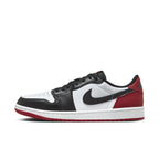 Air Jordan 1 Retro Low OG Black Toe 2023, featuring white leather with black and Varsity Red accents.