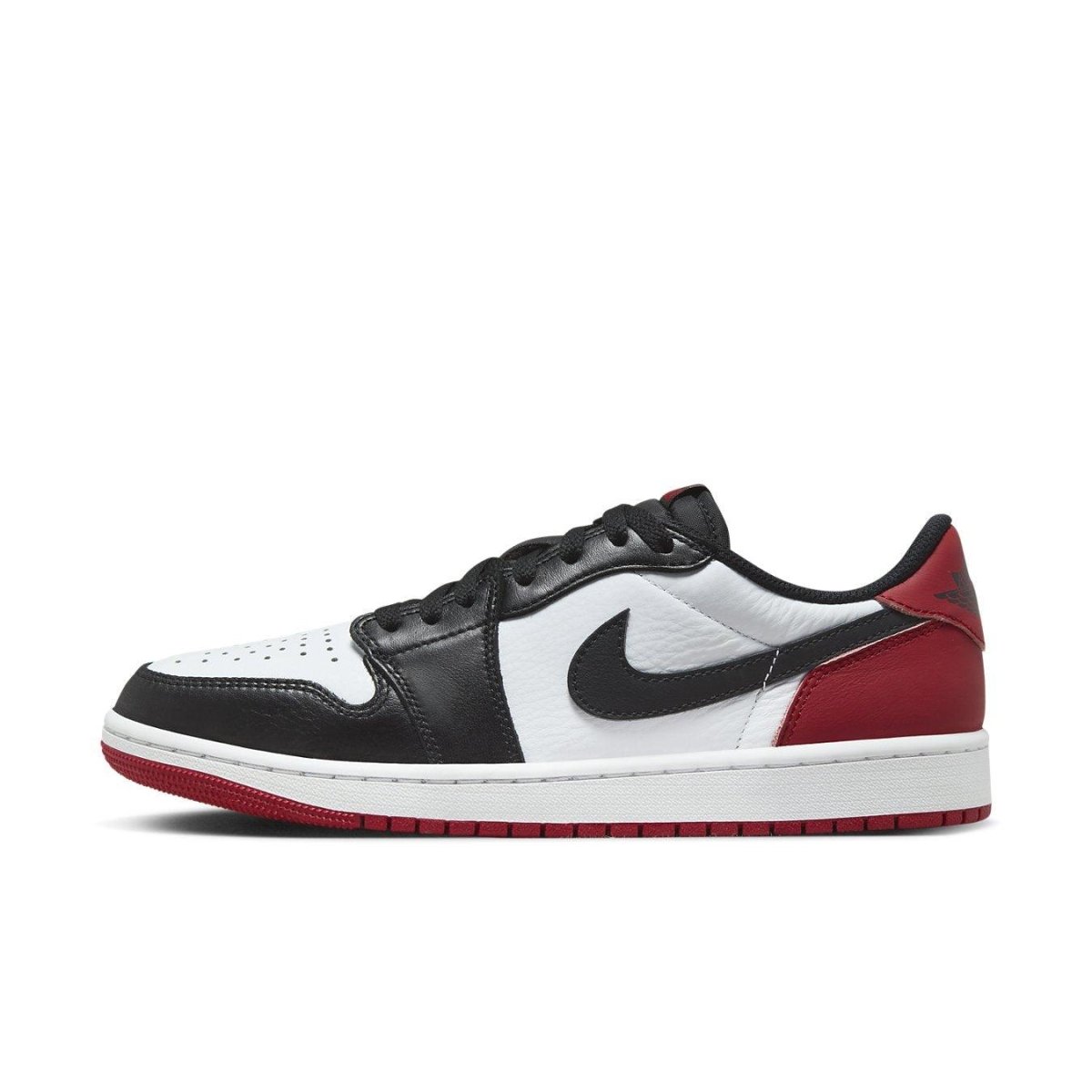 Air Jordan 1 Retro Low OG Black Toe 2023, featuring white leather with black and Varsity Red accents.
