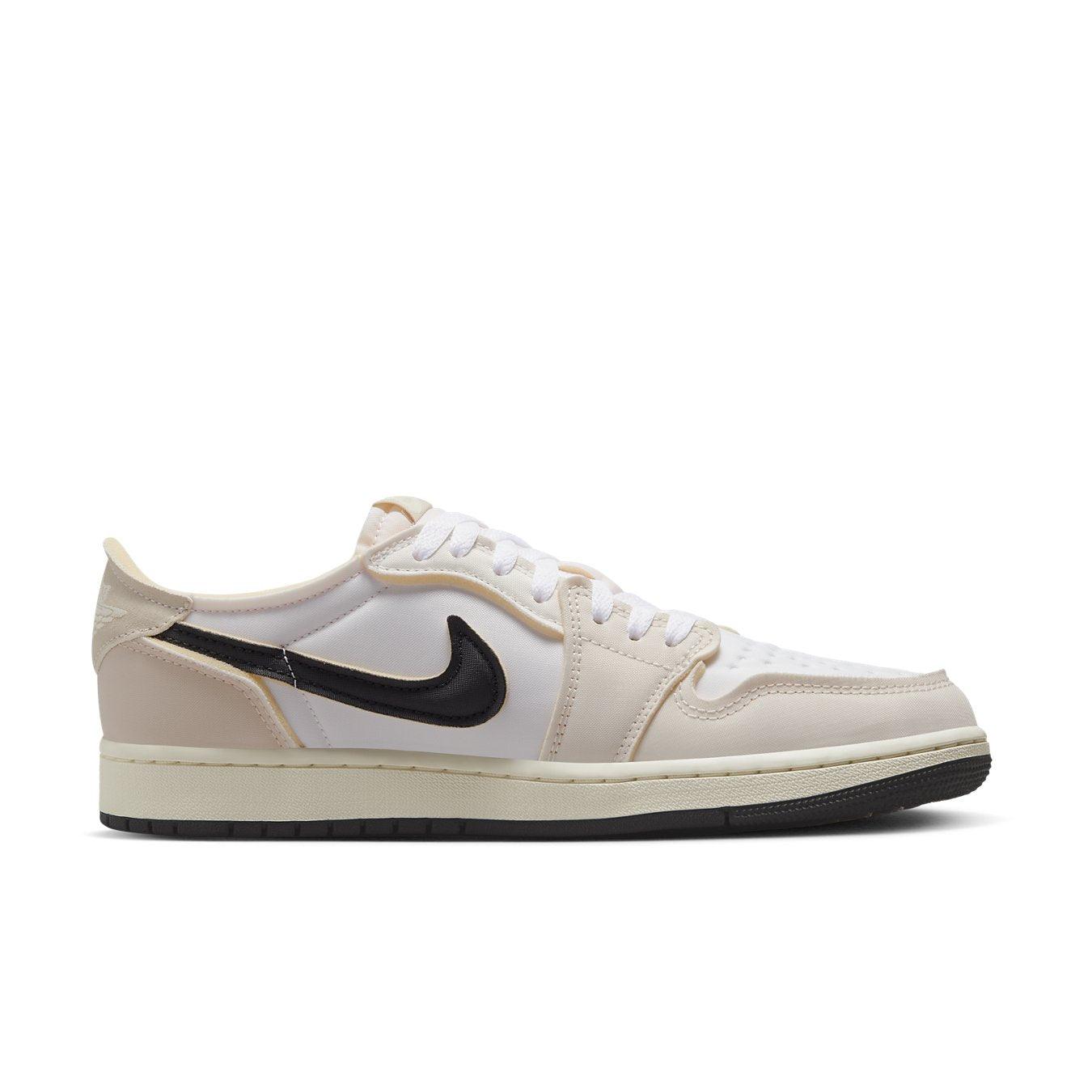 Air Jordan 1 Retro Low OG EX Coconut Milk sneaker featuring a white and beige design with black Swoosh.