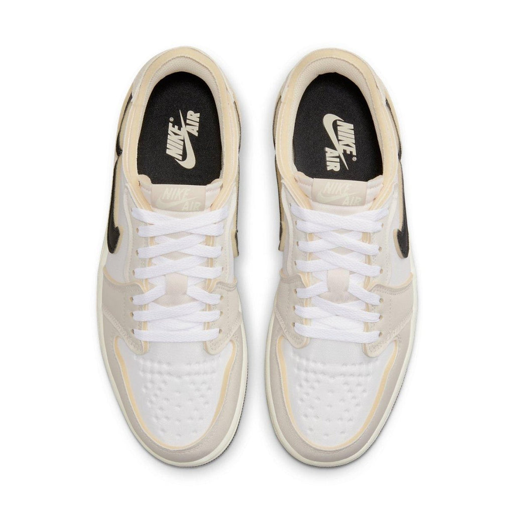 Jordan 1 Retro Low OG EX Coconut Milk top view featuring white and beige colorway with black Swoosh and Nike Air logo.