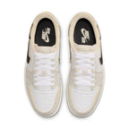 Jordan 1 Retro Low OG EX Coconut Milk top view featuring white and beige colorway with black Swoosh and Nike Air logo.